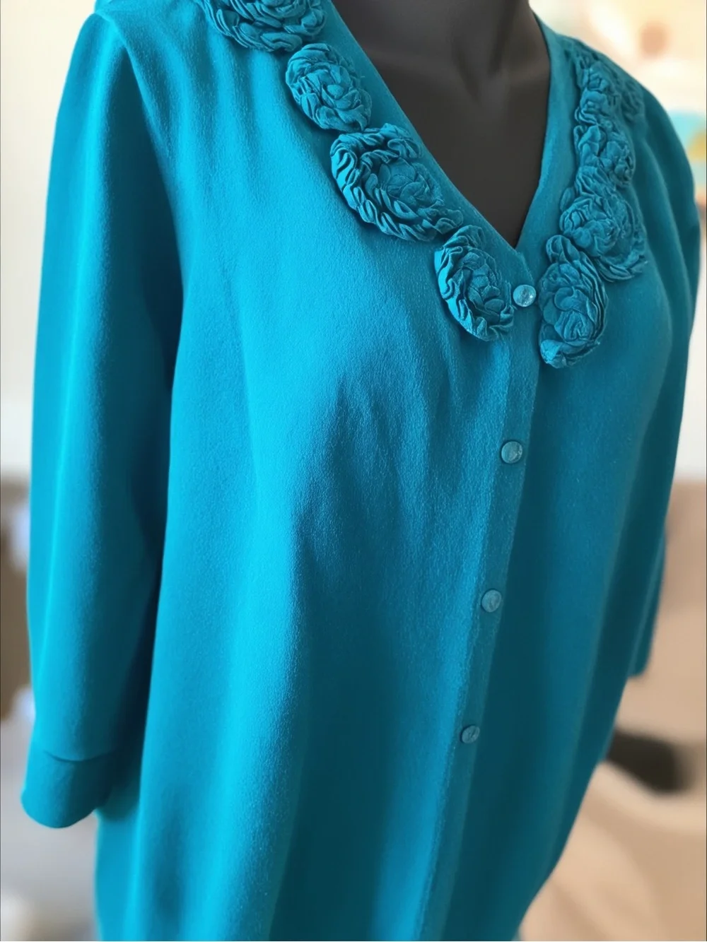 CJ Banks Teal Rosette-Trim Button Cardigan, 3/4 Sleeves, Button Front